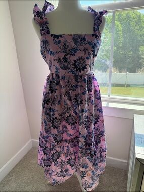 J. Crew Pink Floral Midi Dress with Blue Print